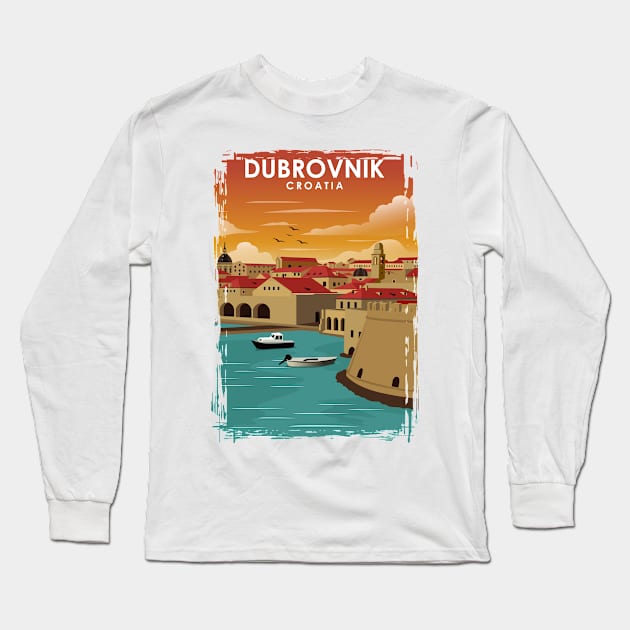 Dubrovnik Croatia Vintage Minimal Travel Poster Long Sleeve T-Shirt by jornvanhezik